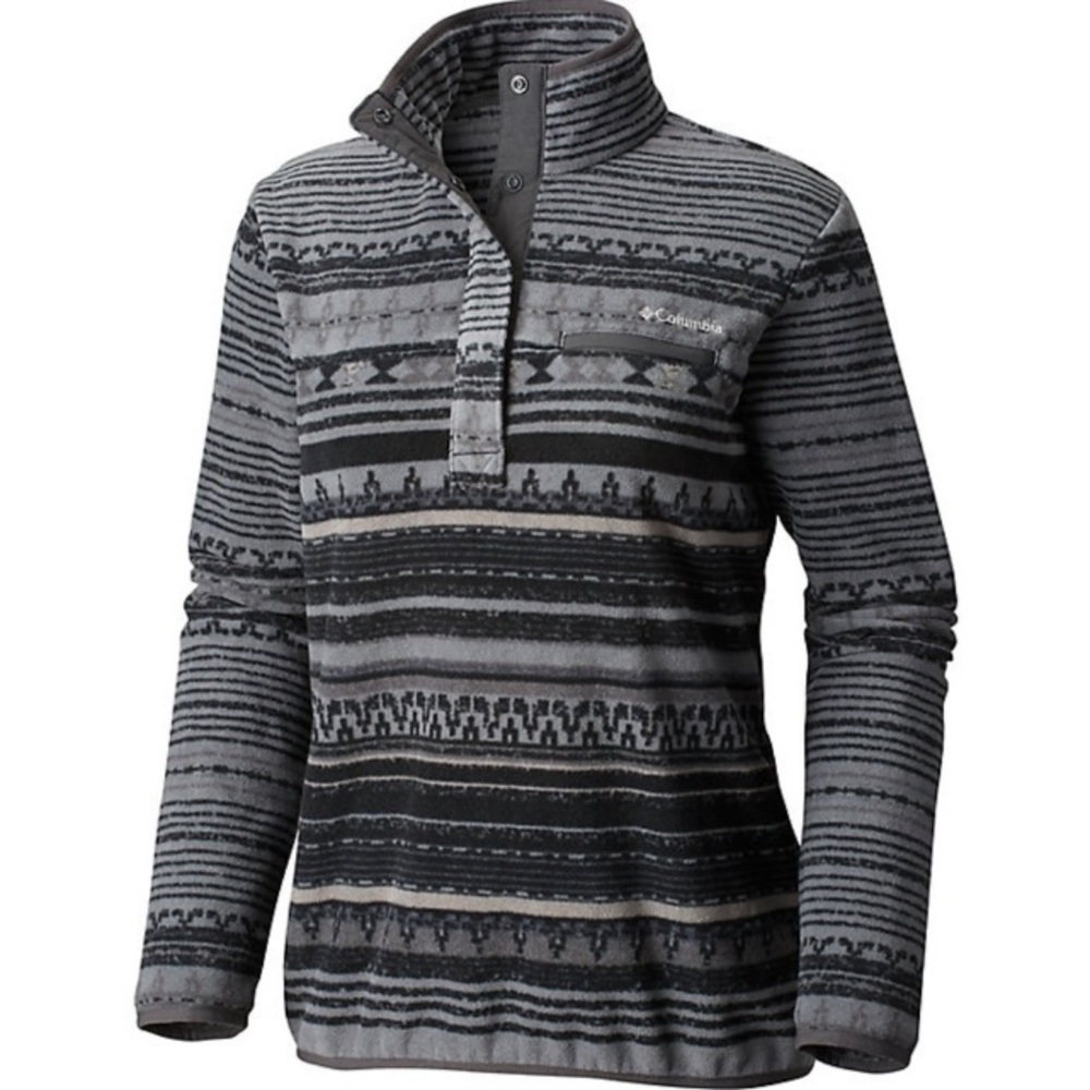 COLUMBIA Mountain Side Fleece Sz L Grey & Black Printed Pullover Granola Girl